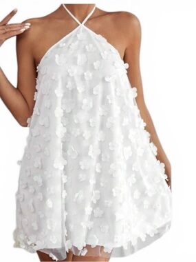 White 3D Floral Halter Mini Dress